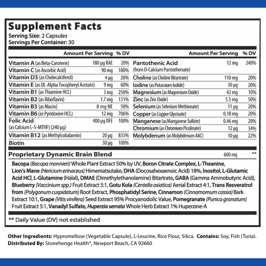 Stonehenge Health Dynamic Brain Nootropic Supplement For Enhanced Memory, Focus, & Learning, 60 Caps