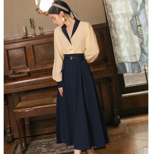 Retro Temperament Top And Navy Blue Skirt Suit