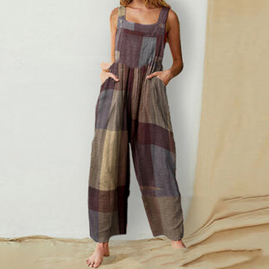 Retro Printed Button Strap One-piece Trousers