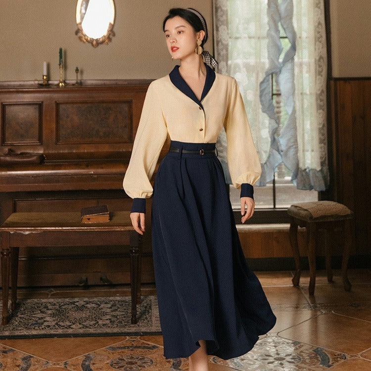 Retro Temperament Top And Navy Blue Skirt Suit