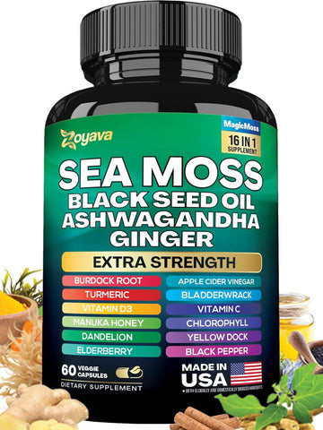 Sea Moss 7000mg Black Seed Oil 4000mg Ashwagandha 2000mg Turmeric 2000mg Bladderwrack 2000mg Burdock 2000mg & Ginger Vitamin C Vitamin D3 with Elderberry Manuka Dandelion Yellow Dock Chlorophyll ACV